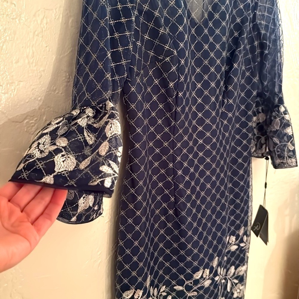 Adrianna Papell Boat-Neck Mesh-Overlay border embroidery sheath Dress - Picture 5 of 11